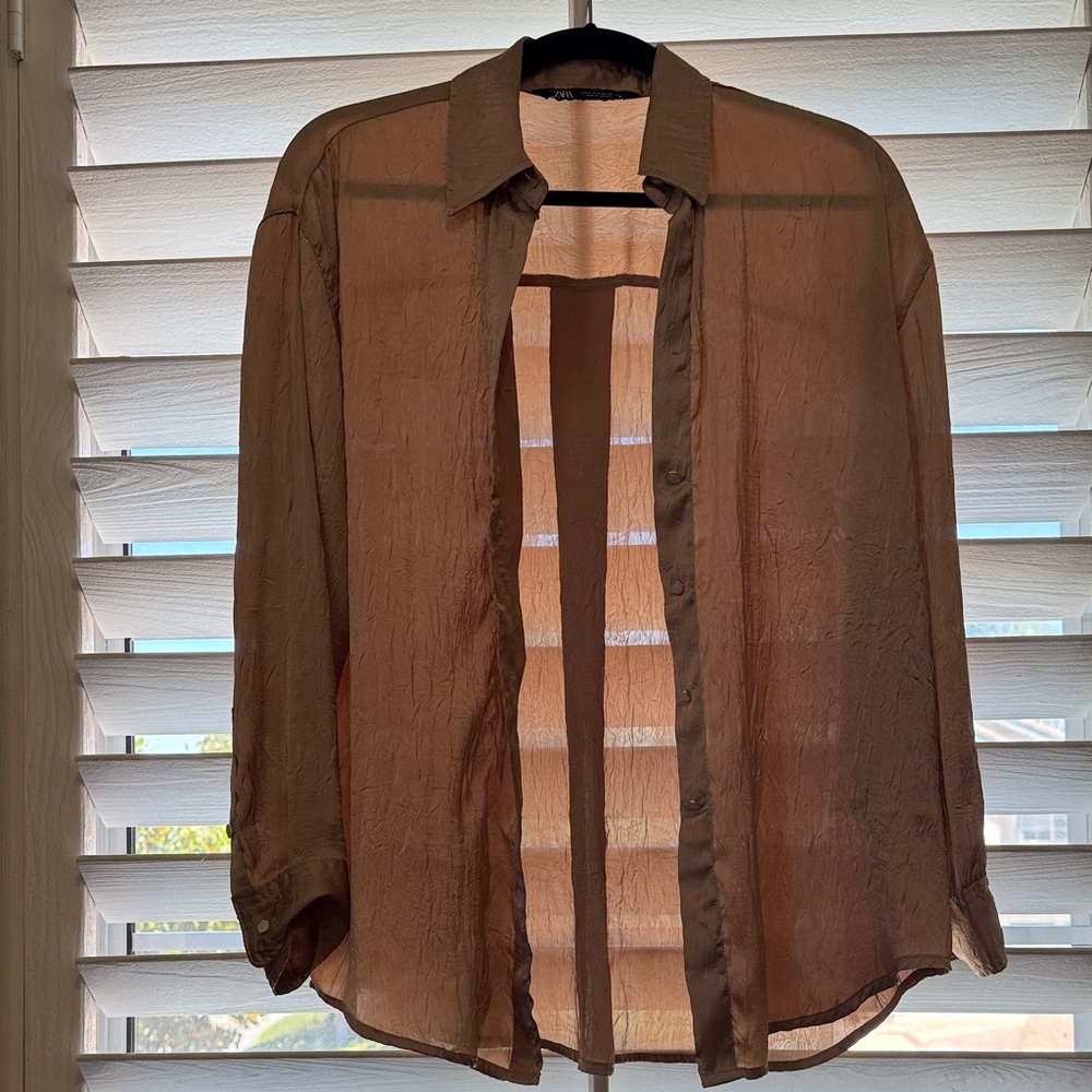 Zara Sheer Lightweight Brown Button-Front Shirt